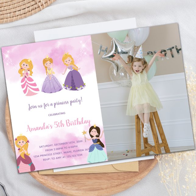 Anpassade Princess Party-för barn Inbjudningar (Pink Princesses Birthday Invitations with photo)