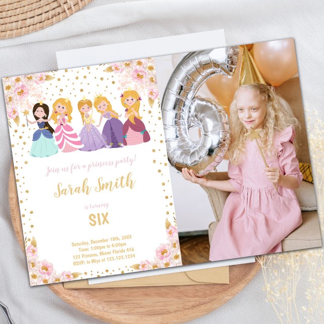Anpassade Princess Party-för barn Inbjudningar (Pink Floral Glitter Princess Cards with photo)
