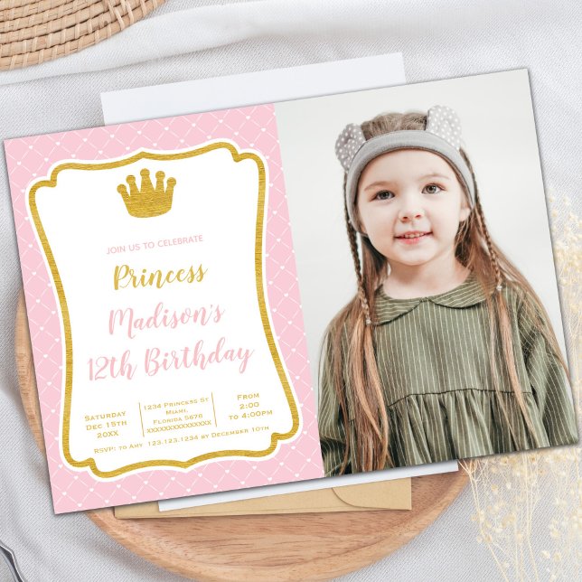 Anpassade Princess Party-för barn Inbjudningar (Pink Fram Crown Princess Cards with photo)