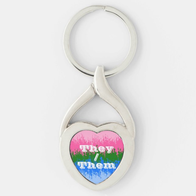 Anpassade Pronoun Omniromantic Pride Flagga Twisted Heart Silverfärgad Nyckelring (Framsidan)
