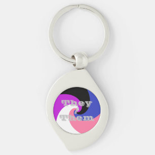 Anpassade Pronoun Spiral Genderfluid Pride Flagga Swirl Silverfärgad Nyckelring