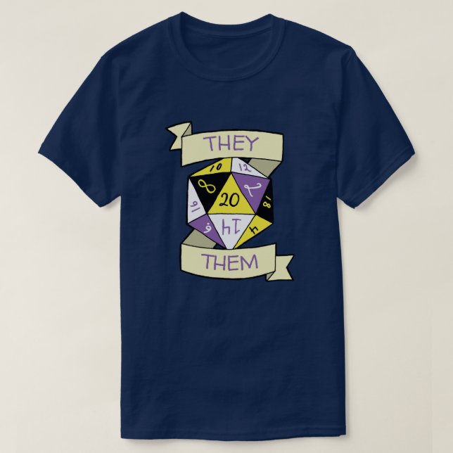 Anpassade Pronouns Nonbinary D20 TTRPG Dice T Shirt (Design framsida)