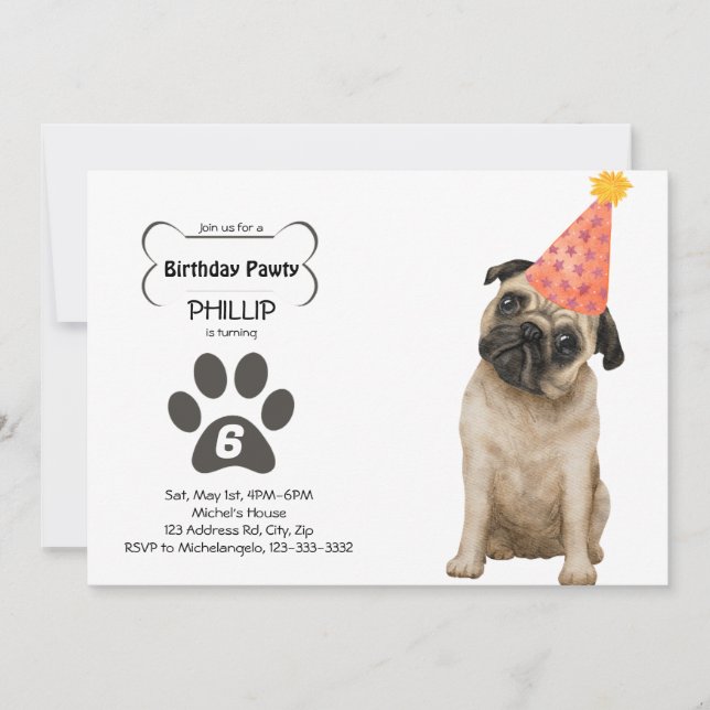 Anpassade Pug Birthday PAWTY Inbjudningar (Framsida)