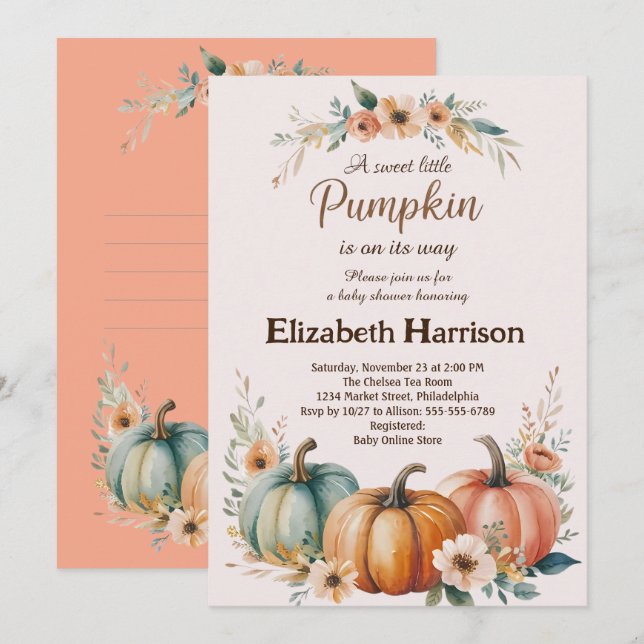Anpassade Pumpkin Baby Shower Inbjudningar (Fram/baksida)