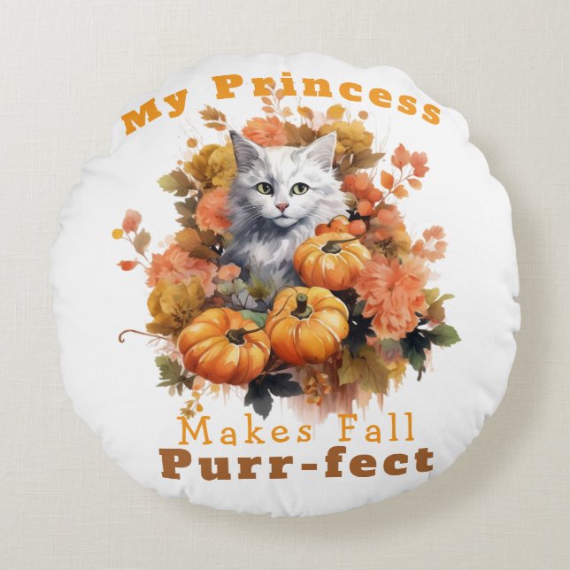 Anpassade Purr-fect Autumn Cat Princess Rund Kudde (Framsidan)