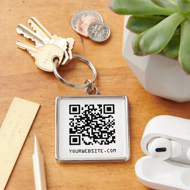 Anpassade QR-kod Webbsideslänk Fyrkantig Silverfärgad Nyckelring (Skrivbord)