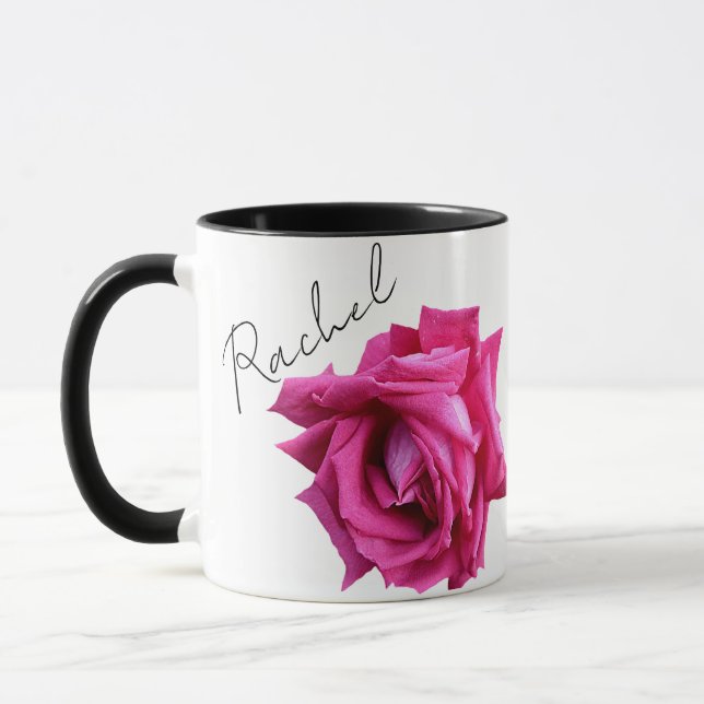 Anpassade Rachel namn shock rosa ro blommigt rolig Mugg (Vänster)