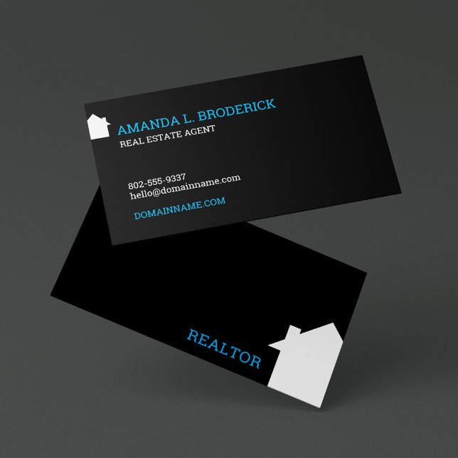 Anpassade Real Gods Simple House Logotyp Modern Visitkort (Modern bold black business card for real estate agent featuring a white house silhouette.)