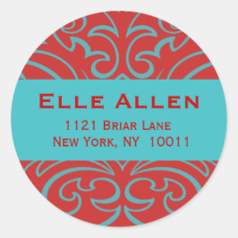 Anpassade Red & Aqua Damask Stickers Runt Klistermärke