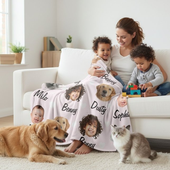 Anpassade roliga ansikten för mors dag barn husdju fleecefilt (Custom Mother's Day Funny Faces Kids Pets Names Fleece Blanket)