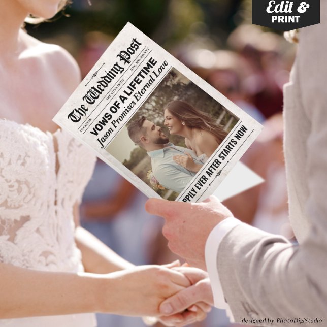Anpassade roliga löften Bröllopstidning Bröllopslö Kort (Custom Fun Vows Wedding Newspaper Wedding Vows Card)