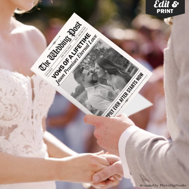Anpassade roliga löften Bröllopstidning Bröllopslö Kort (Custom Fun Vows Wedding Newspaper Wedding Vows Card)