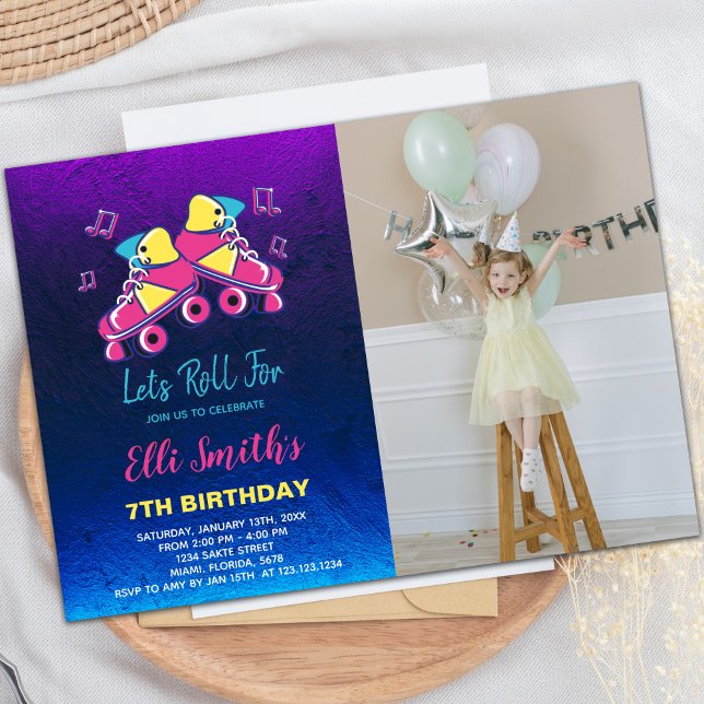 Anpassade Roller Skating Party-inbjudningar Inbjudningar (Pink Roller invitations with photo)