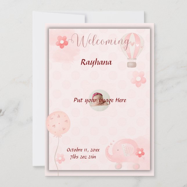Anpassade Rosa-Baby-Girl-Birth-Notice Inbjudningar (Framsida)