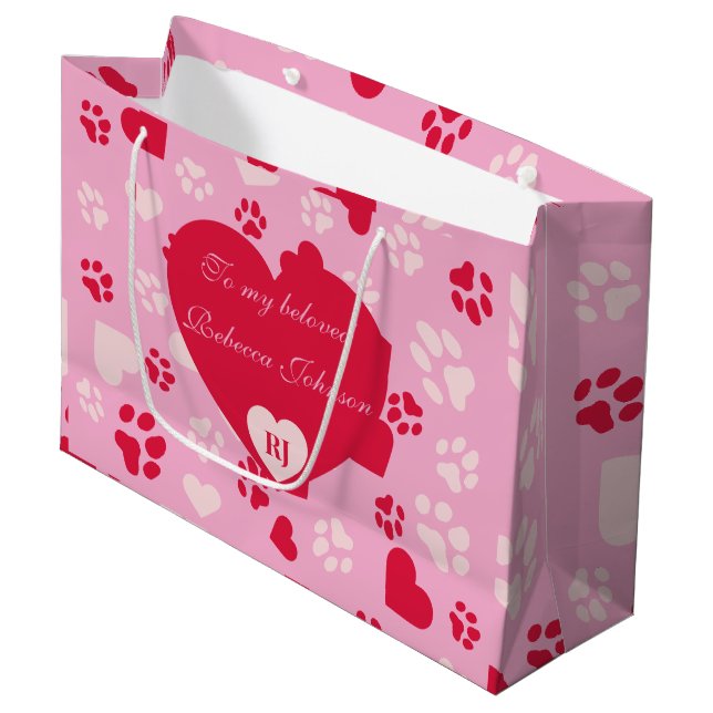 Anpassade Rosa Gift Bag med Tass avtryck Mönster (Framsidan Vinklad)