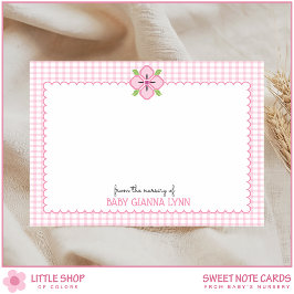 Anpassade Rosa Gingham Flicka Nursery Tack Anteckningskort