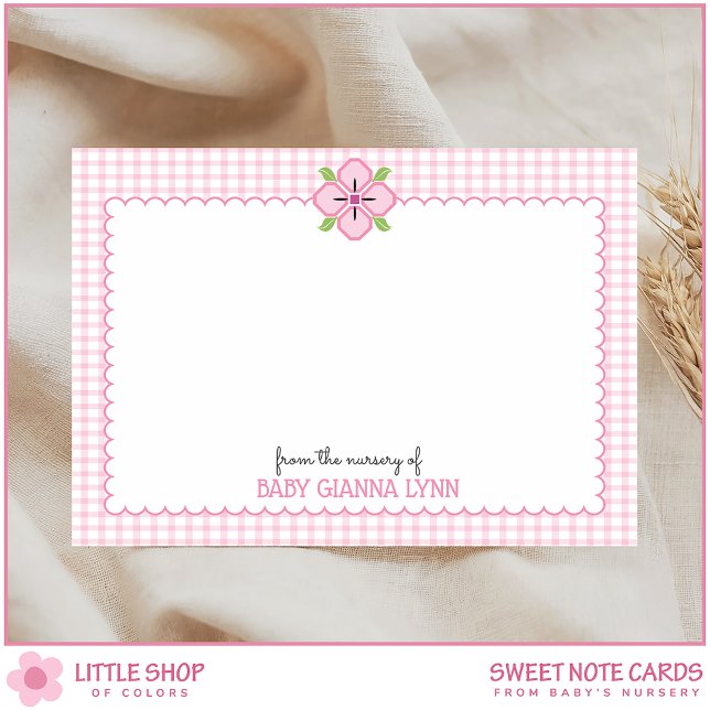 Anpassade Rosa Gingham Flicka Nursery Tack Anteckningskort (Skapare uppladdad)