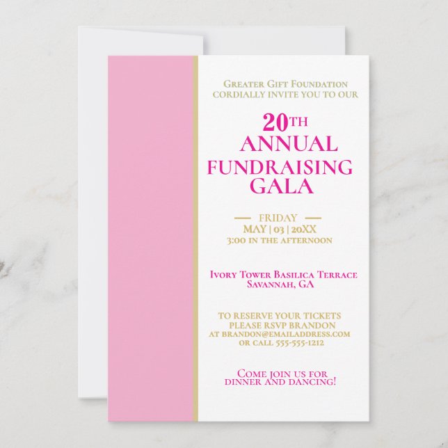 Anpassade Rosa & Guld Charity Fundising Gala Inbjudningar (Framsida)
