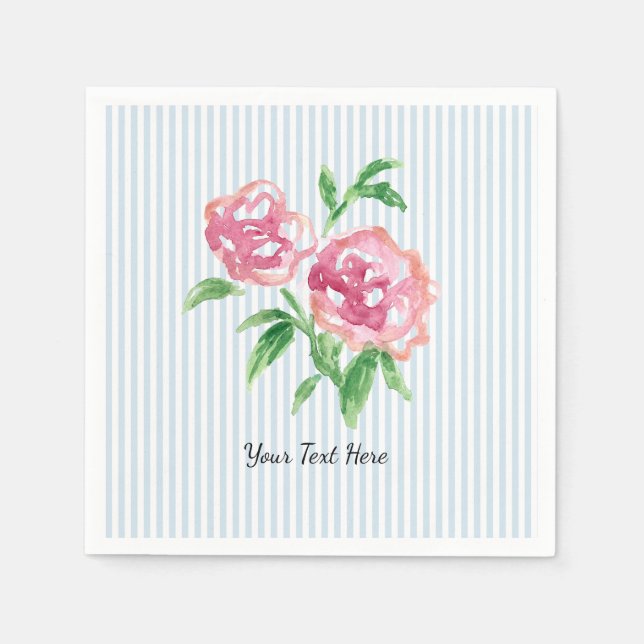 Anpassade rosa peonblommor målning blå rand pappersservett (Framsidan)