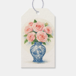 Anpassade rosa rosor i en Chinoiserie vas Presentetikett