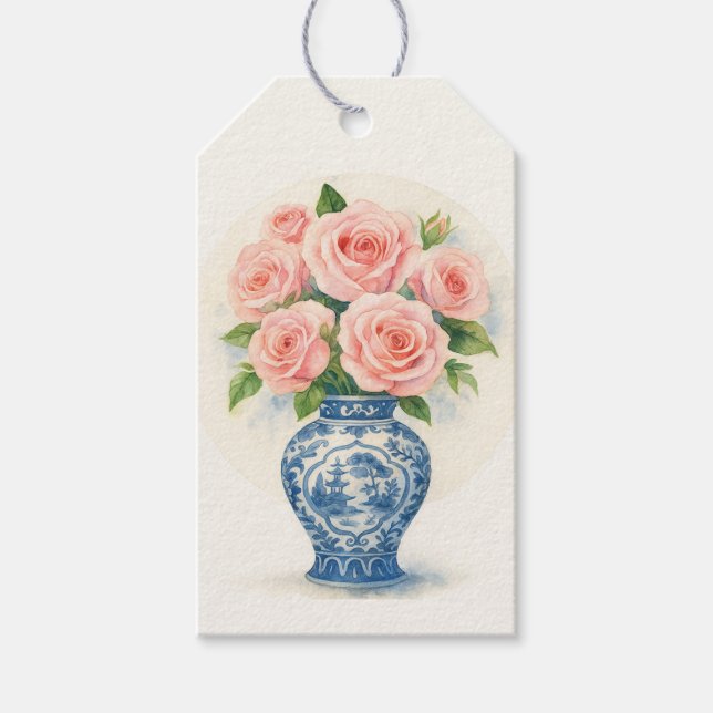 Anpassade rosa rosor i en Chinoiserie vas Presentetikett (Framsidan)