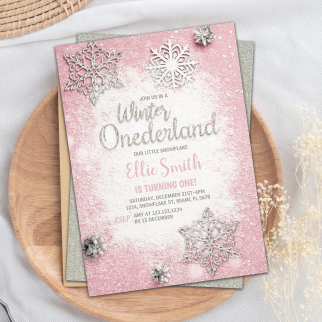 Anpassade Rosa Silver Glitter Winter ODERLAND Inbjudningar (Pink Silver Glitter Winter ONEderland Invitations)