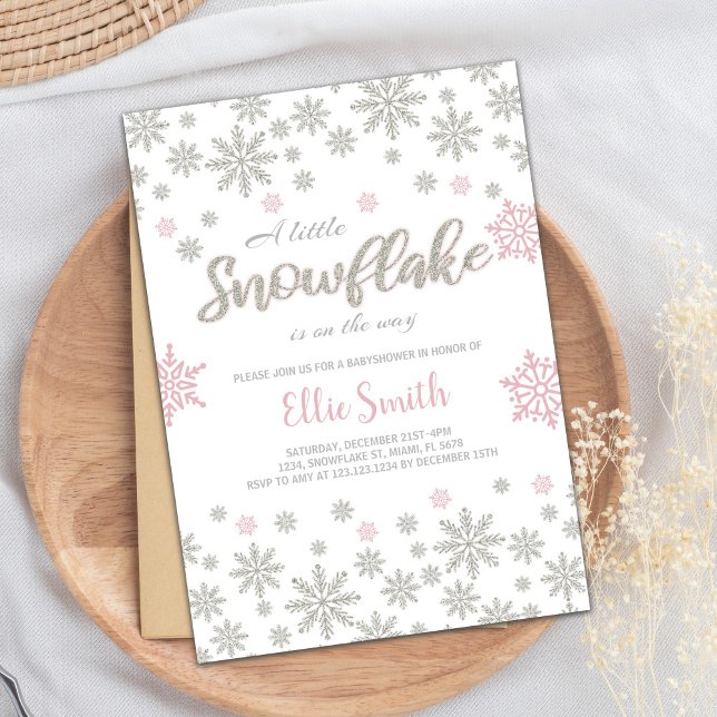 Anpassade Rosa Silver Winter Baby Shower Inbjudningar (Pink Silver Winter Baby Shower Invitations)