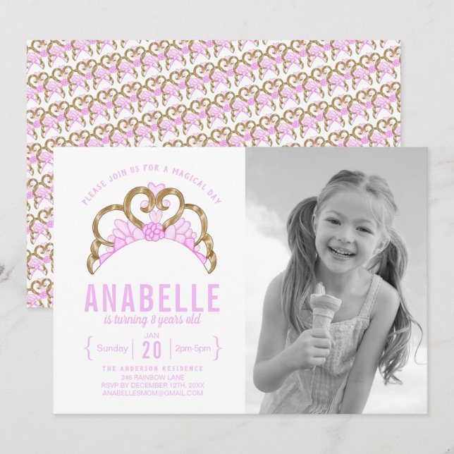 Anpassade Rosa Tiara Photo Birthday-inbjudan Inbjudningar (Fram/baksida)