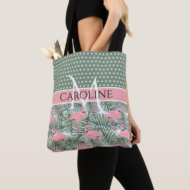 Anpassade rosablush rosa flamingos palmbladsmönste tygkasse (Närbild)