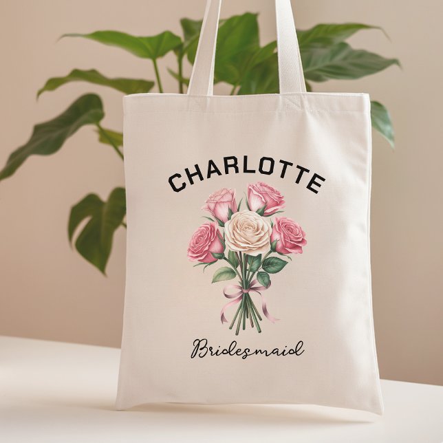 Anpassade rosbröllopsskvättväska för brudtärna-fes tygkasse (personalized bridesmaid tote gift, roses bridal tote bag custom, floral bridesmaid proposal bag gift)