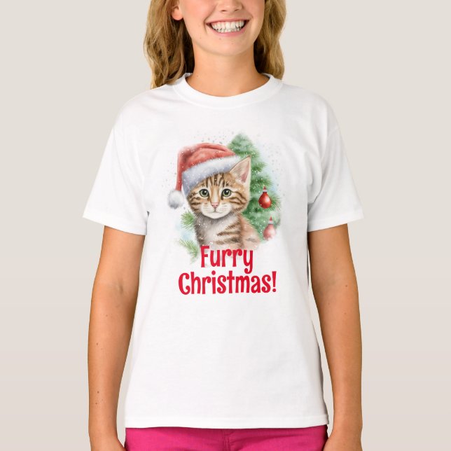 Anpassade Santa Hat Cat Teckning jul T Shirt (Framsida)