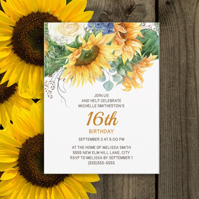 Anpassade solrosor Eucalyptus 16:e födelsedagen Vykort (Sunflowers and eucalyptus 16th birthday party postcard invitation)