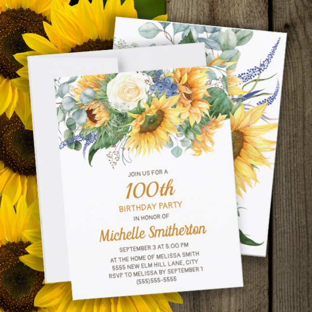 Anpassade solrosor Eukalyptus 18-årsdag Vykort (Sunflowers and eucalyptus women's 100th birthday party invitation)
