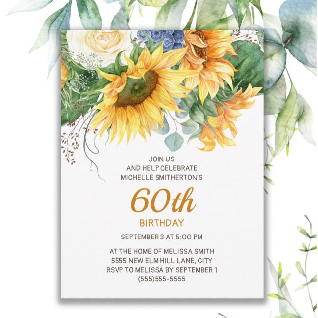 Anpassade solrosor Eukalyptus 60-årsdag Vykort (Sunflowers and eucalyptus 60th birthday invitation)