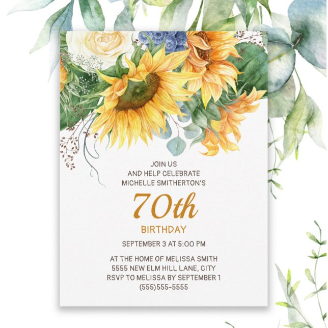 Anpassade solrosor Eukalyptus 70-årsdag Vykort (Sunflowers and eucalyptus women's 70th birthday party postcard invitation)