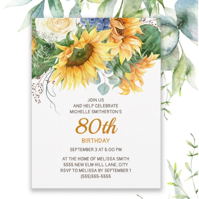 Anpassade solrosor Eukalyptus 90-årsdag Vykort (Sunflowers and eucalyptus women's 80th birthday invitation)