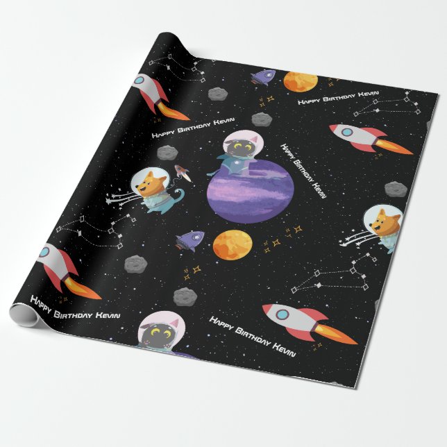 Anpassade Space Animals Birthday Wrapping Pape Presentpapper (Utrullad)