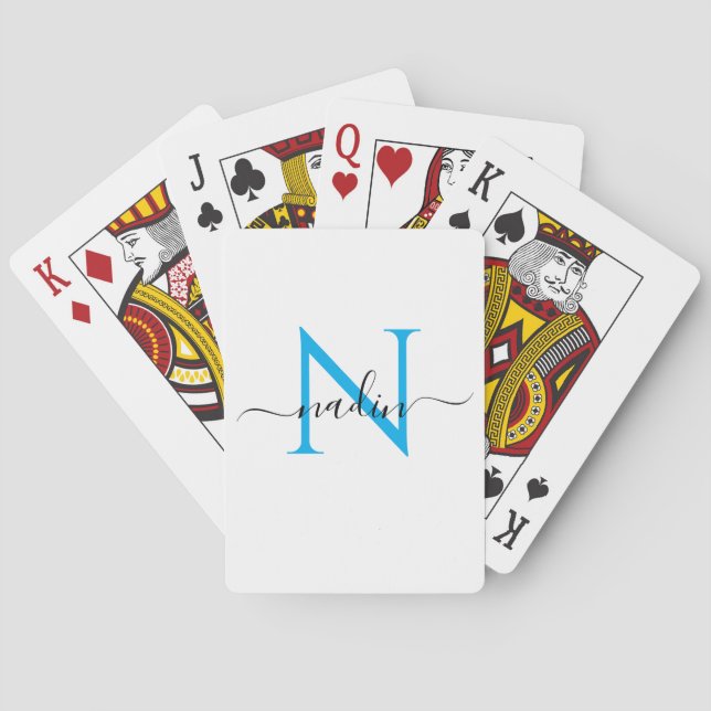 Anpassade spelkort med blå monogram och namn (Baksidan)