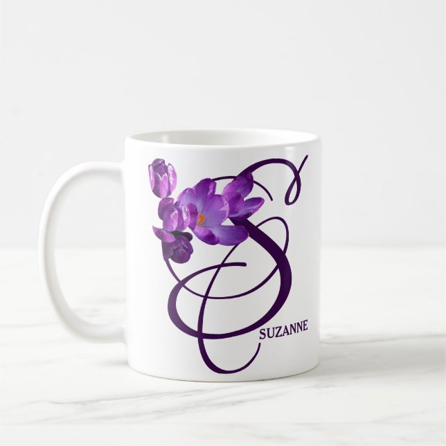 Anpassade Suzanne namn lila blommor monogram Kaffemugg (Vänster)