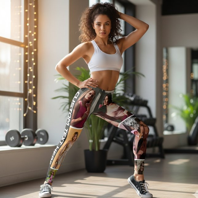 Anpassade svarta fotokollageleggings med text leggings (Custom Black Photo Collage Leggings with Personalized Text for Unique Workout Style)