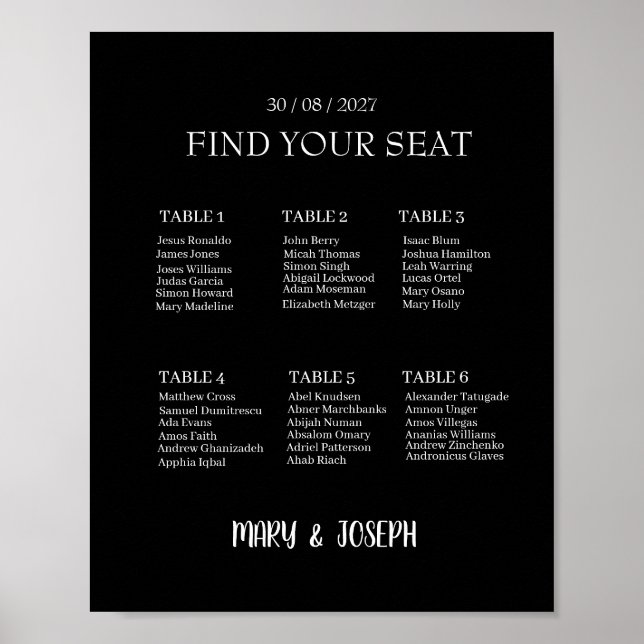 Anpassade svartvita, minimalistiska Bröllop-diagra Poster (Framsidan)