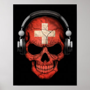 Anpassade Swiss Dj Skull med hörlurar Poster