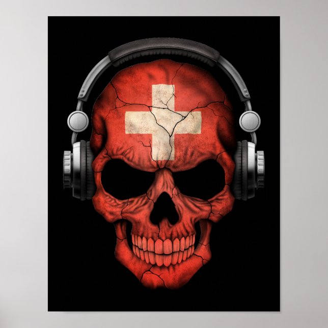 Anpassade Swiss Dj Skull med hörlurar Poster (Framsidan)