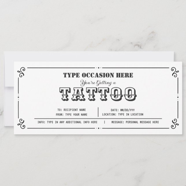 Anpassade Tattoo Gift Voucher Any Tillfälle Inbjudningar (Framsida)