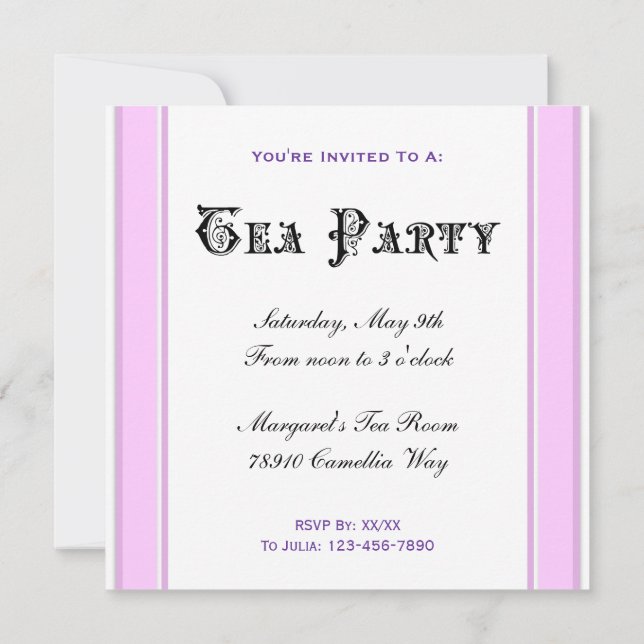 Anpassade Tea Party-inbjudningar med rosa ränder Inbjudningar (Baksida)