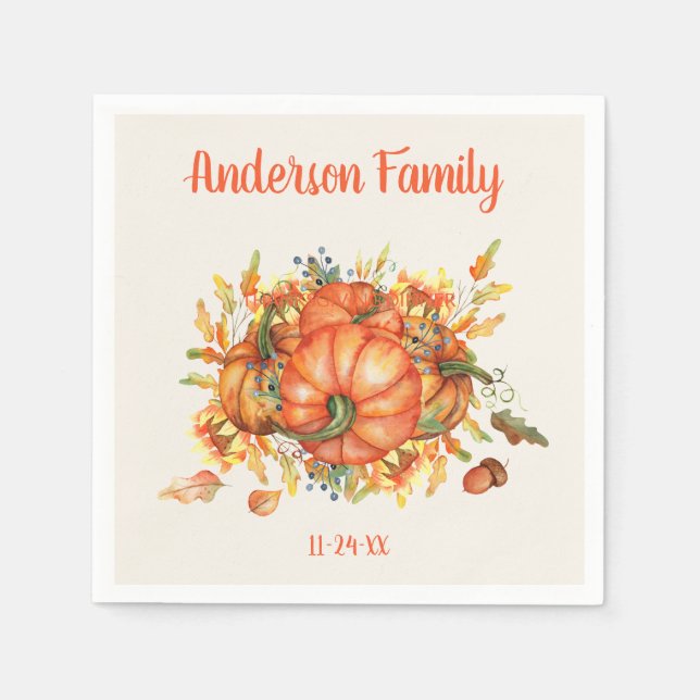 Anpassade Thanksgiving Orange Pumpkins Fall Leaves Pappersservett (Framsidan)