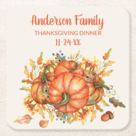 Anpassade Thanksgiving Orange Pumpkins Höstlöv Underlägg Papper Kvadrat