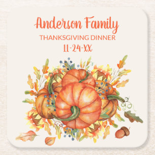 Anpassade Thanksgiving Orange Pumpkins Höstlöv Underlägg Papper Kvadrat