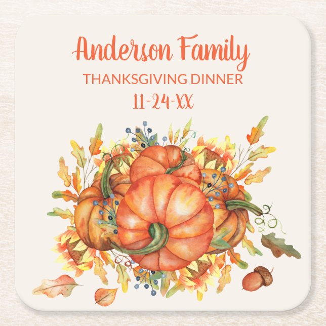Anpassade Thanksgiving Orange Pumpkins Höstlöv  Underlägg Papper Kvadrat (Framsidan)