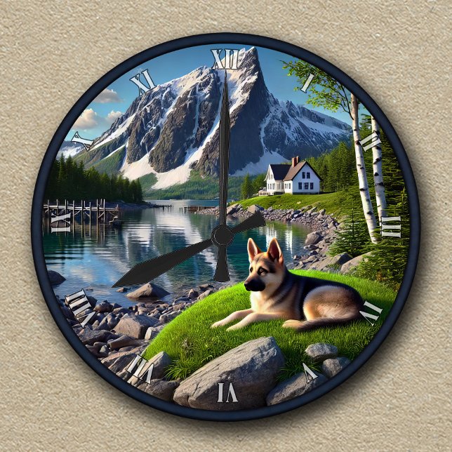 Anpassade Tyska Shepherd Lakeside Landscape Rund Klocka (Skapare uppladdad)